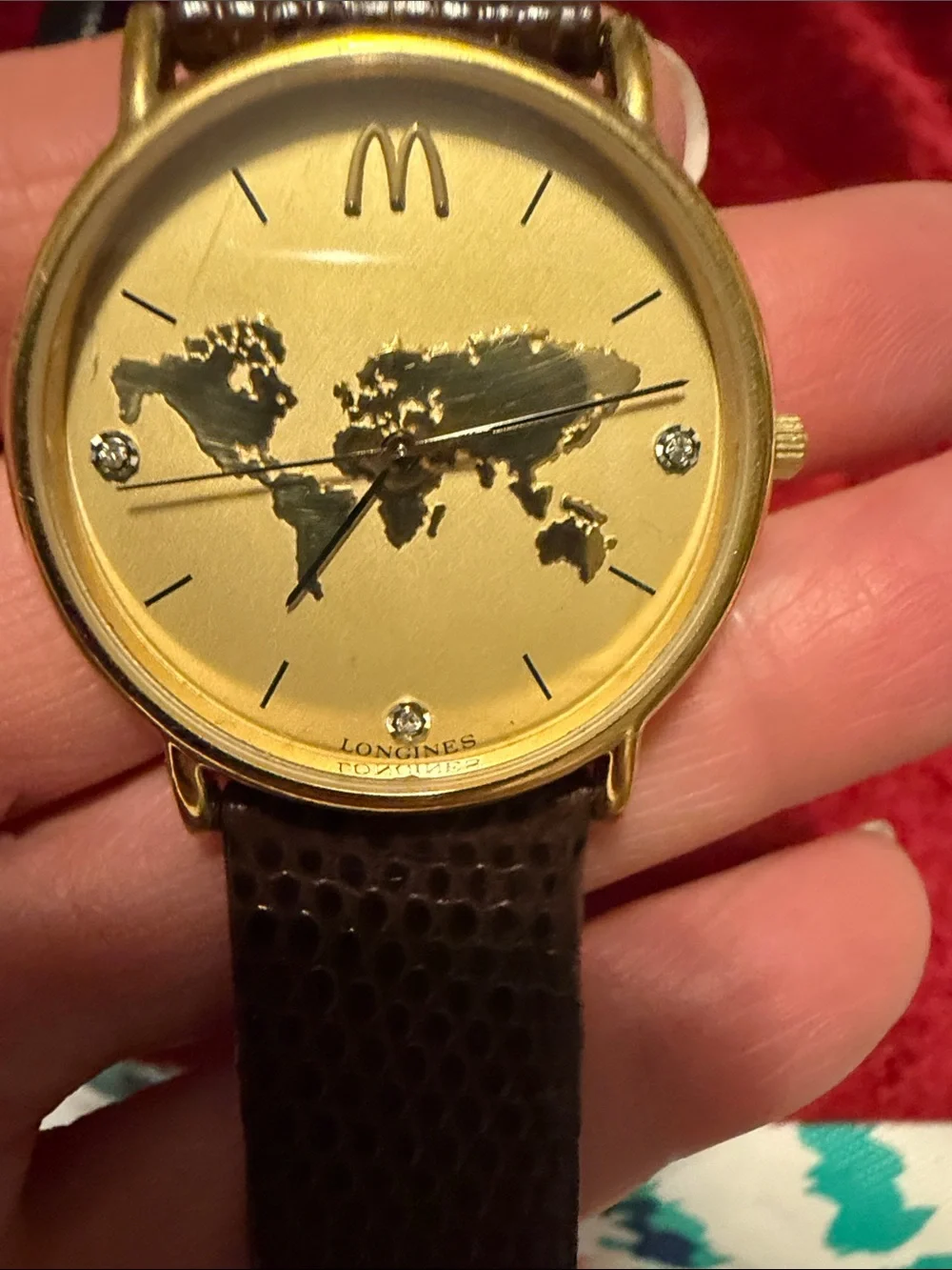 Longines Gold World Map McDonalds Watch- lizard Brown Strap excellent condition